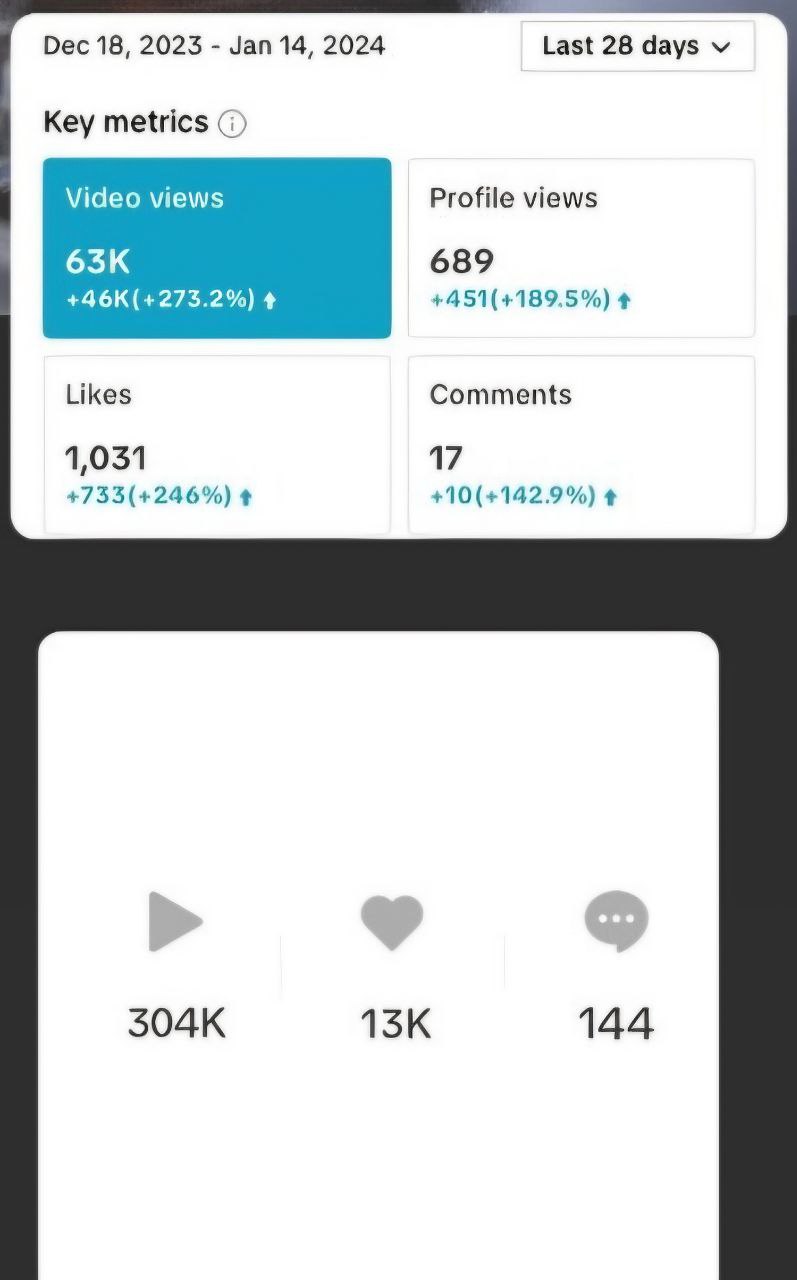 TikTok – 63K video views +273%, 304K video